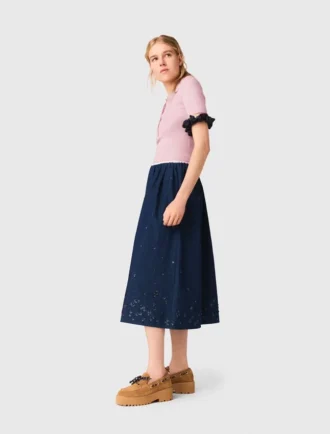 Falda midi de denim bordada