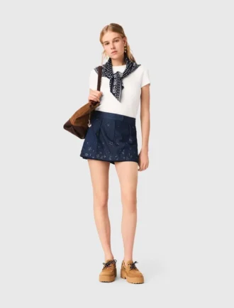 Falda-pantalón de denim bordada con efecto de capas