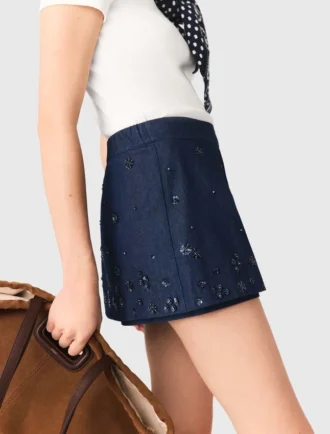 Falda-pantalón de denim bordada con efecto de capas