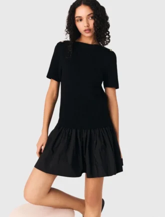 Vestido corto de punto y tafetán