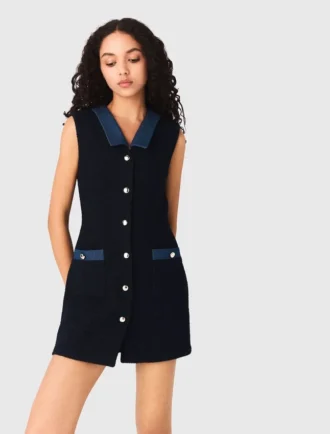 Vestido de tweed con detalles de denim