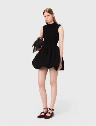 Vestido mini de punto acanalado y tafetán