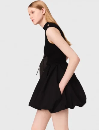 Vestido mini de punto acanalado y tafetán